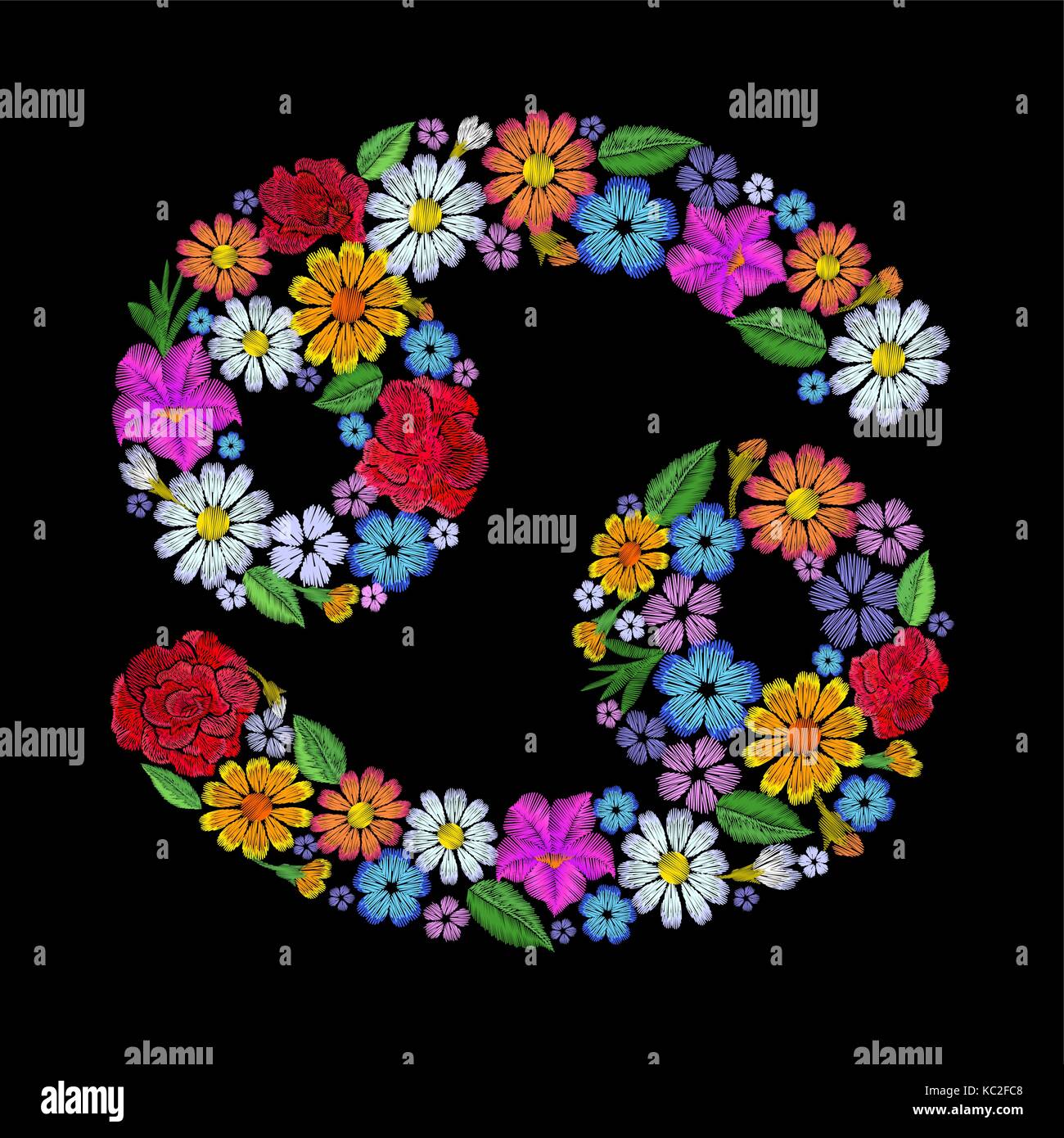 Cancer zodiac sign flower arrangement. Horoscope astrology fashion floral embroidery patch design template. Texture stitch effect. Textile print on bl Stock Vector