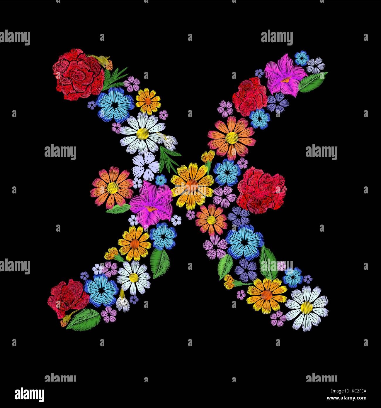 Pisces zodiac sign flower arrangement. Horoscope astrology fashion floral embroidery patch design template. Texture stitch effect. Textile print on bl Stock Vector