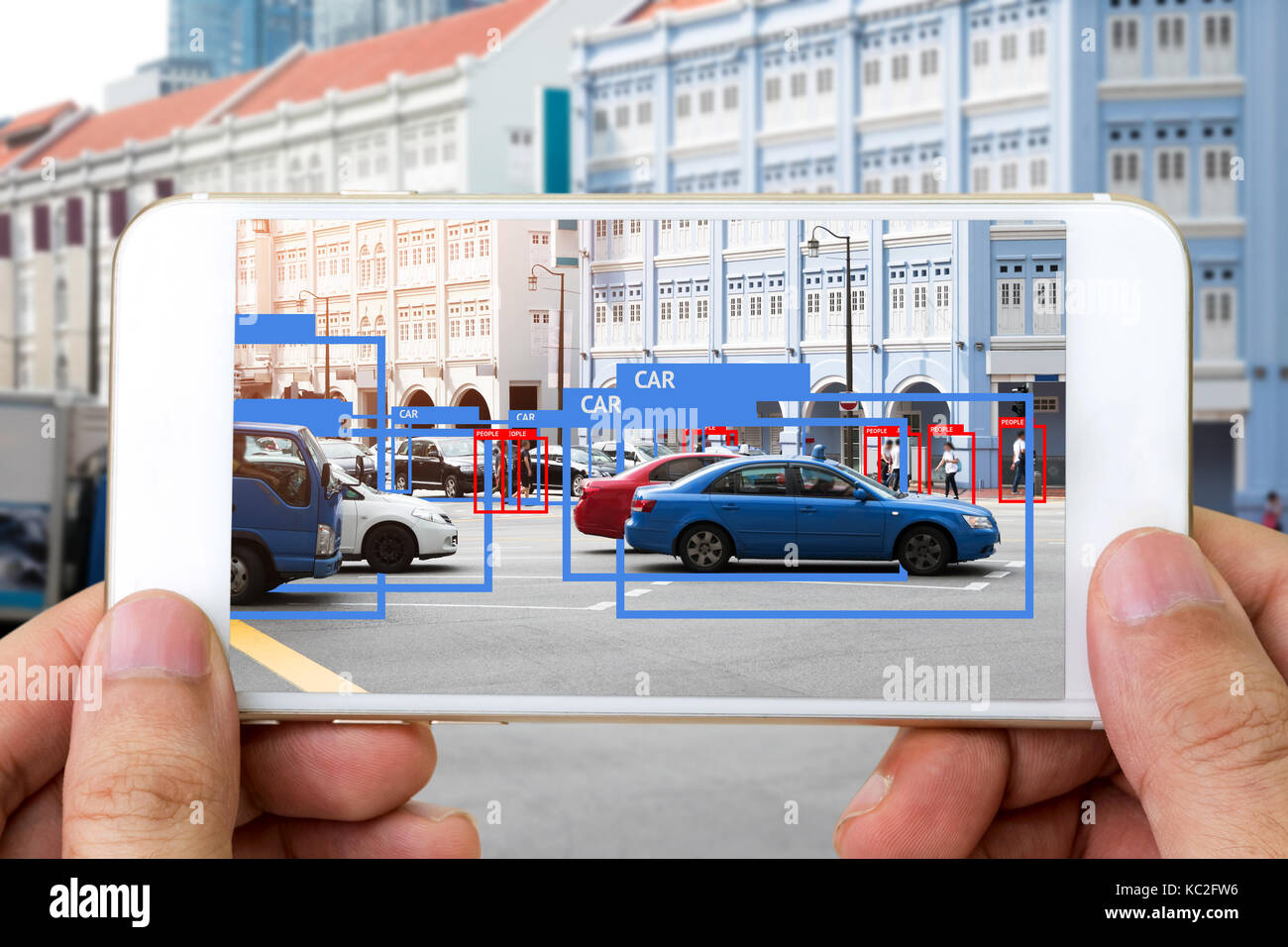 Machine Learning analytics identify person , cars technology , Artificial intelligence concept. Software ui mobile phone analytics and recognition peo Stock Photo