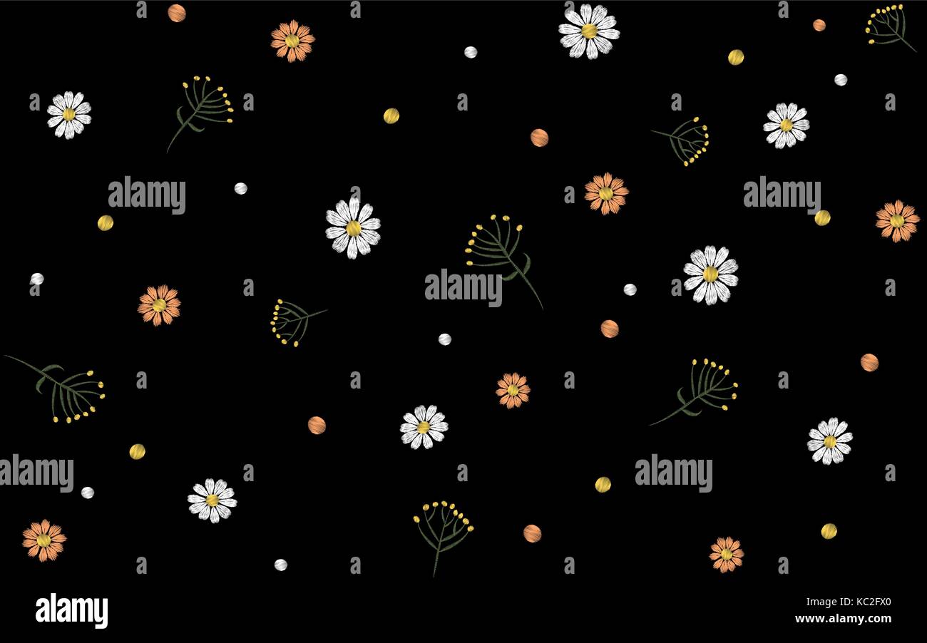 Flower seamless pattern. Field herbs daisy textile print decoration black background fashion traditional vector illustration vintage. Chamomile plant  Stock Vector