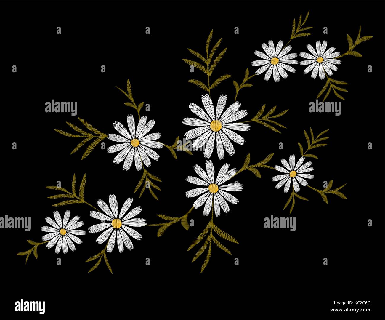 Embroidery flower daisy gerbera herb sticker patch fashion print textile vector illustration. White delicate vintage ornament art Stock Vector