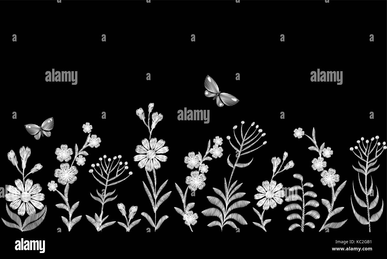 Black and white monochrome field flower embroidery. Traditional vintage decoration seamless border. Field rustic daisy herbs butterfly vector illustra Stock Vector