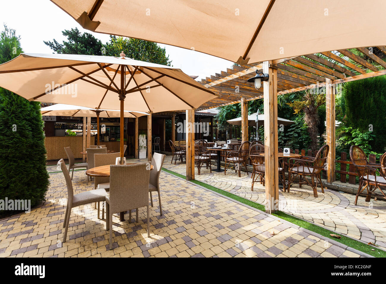 ALUSHTA, CRIMEA - SEPTEMBER 22, 2017: interior of typical urban cheap eatery Pekin in Alushta city in morning. Alushta is seaside resort town on south Stock Photo