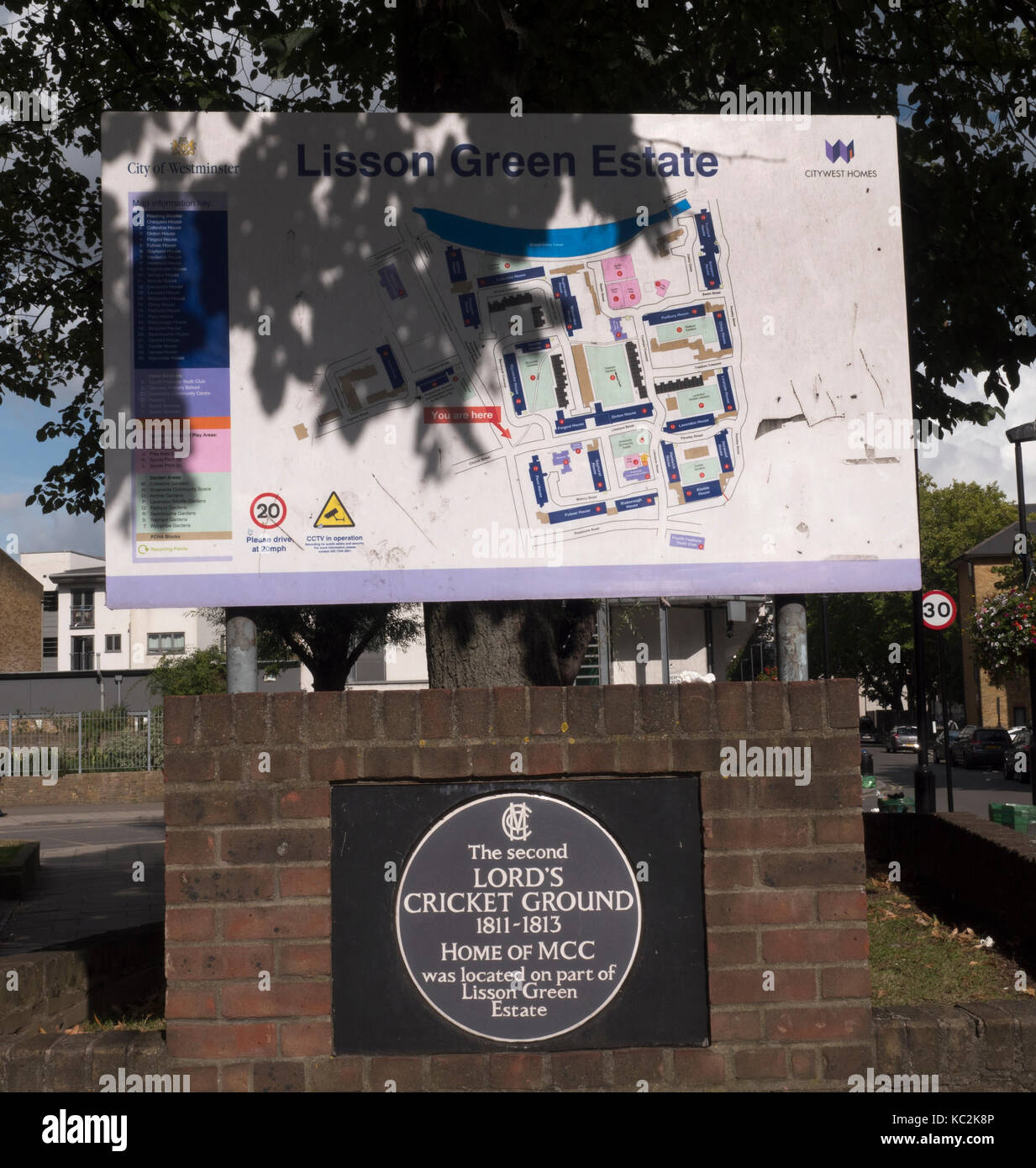 Map and heritage plaque ( The Second Lord's Cricket Ground 1811 -1813) at entrance to Lisson Green Estate, Westminster ,London, England, UK Stock Photo