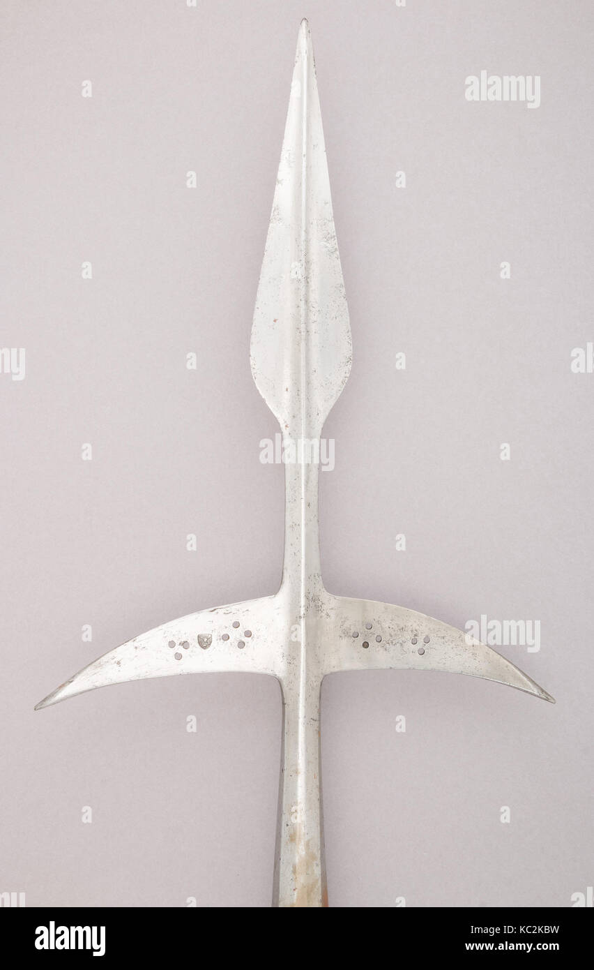 Spear, 15th century, Italian, Steel, wood, L. 94 1/2 in. (240 cm); L. of head 24 1/4 in. (61.6 cm); W. 13 3/8 in. (34 cm); Wt. 5 Stock Photo