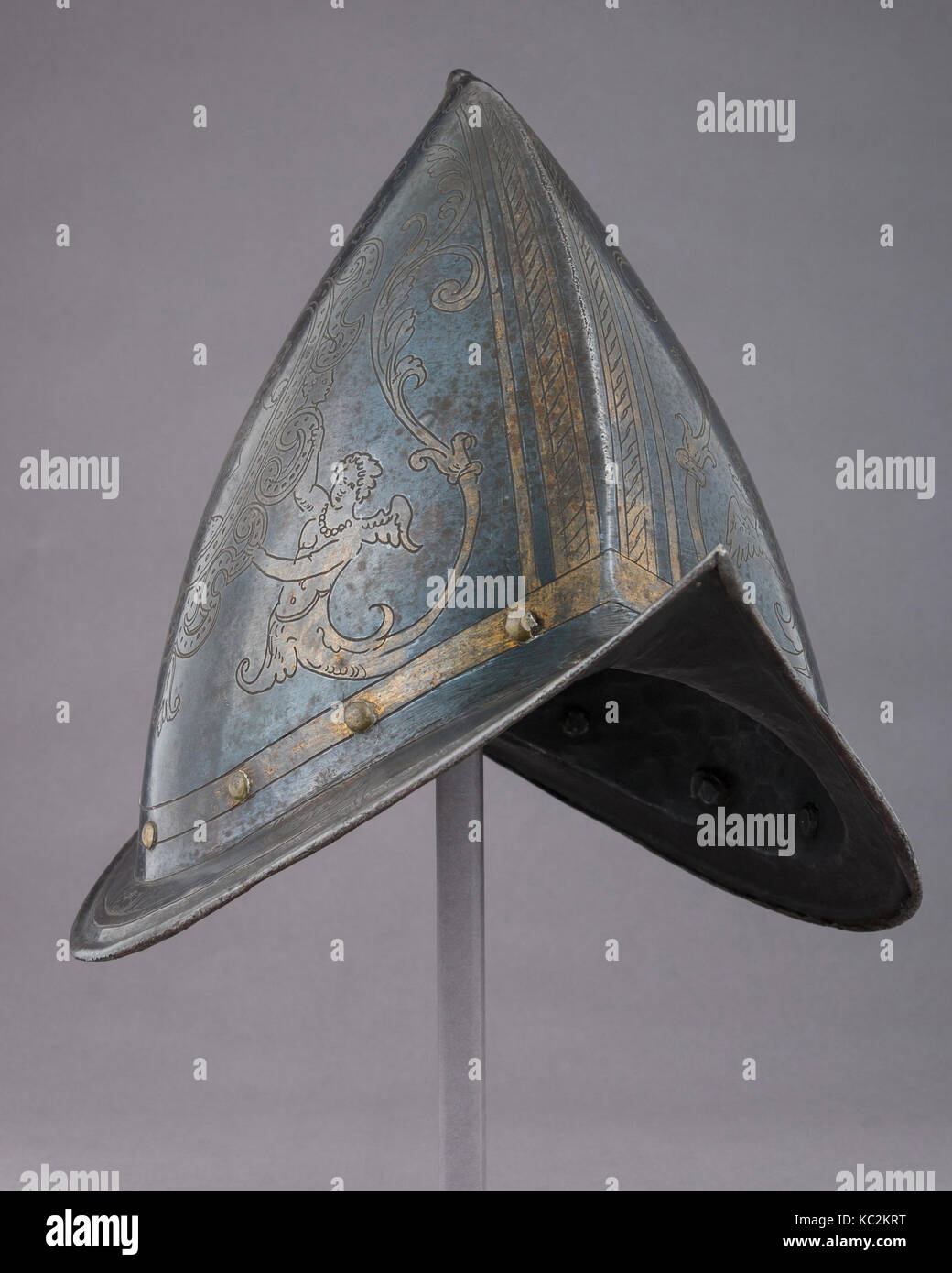 Morion-Cabasset, ca. 1570, Italian, Steel, gold, brass, H. 10 3/8 in. (26.4 cm); W. 9 1/2 in. (24.1 cm); D. 13 1/2 in. (34.3 cm Stock Photo