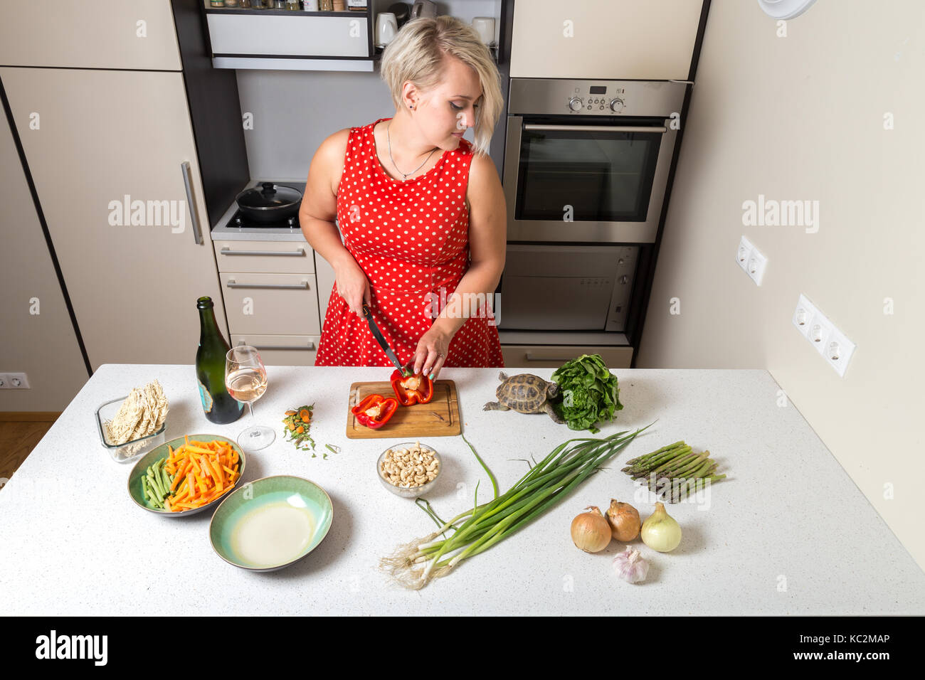Woman cutting paprika and looking over shoulder of tortoise eating salad Stock Photo