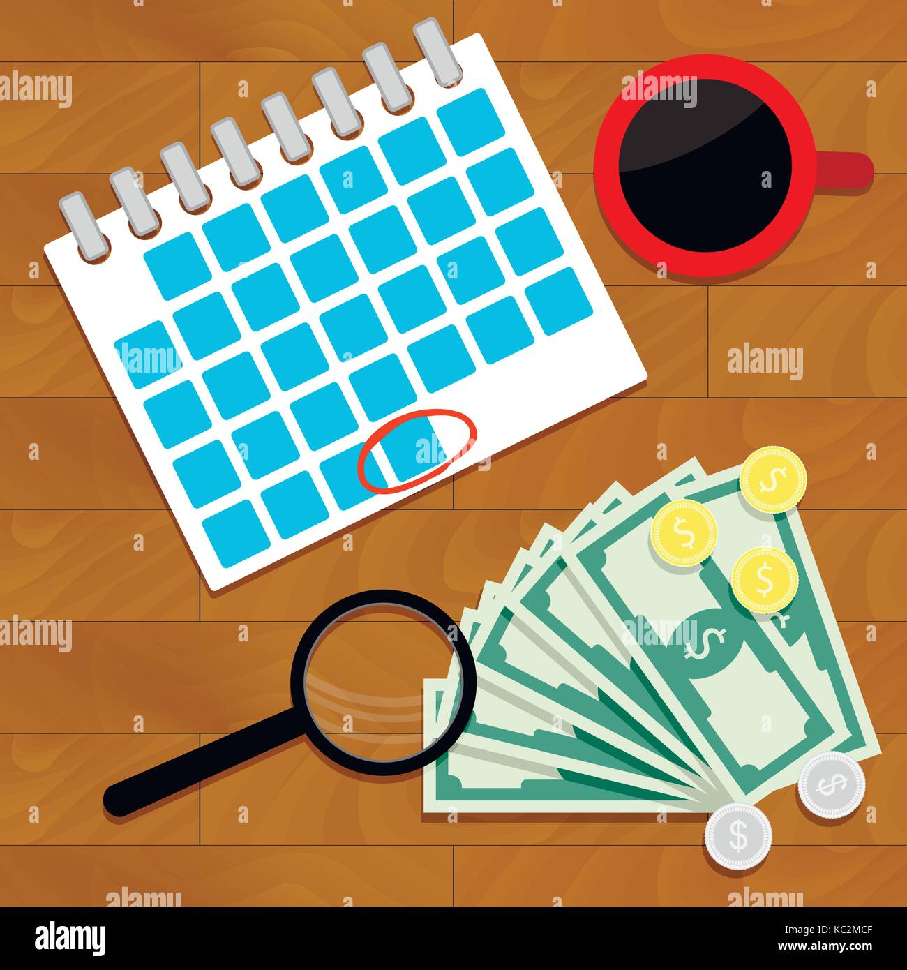 Salary money concept every month cartoon top view. Salary increase, vector money payroll, compensation and salary survey illustration. Overhead monthl Stock Vector