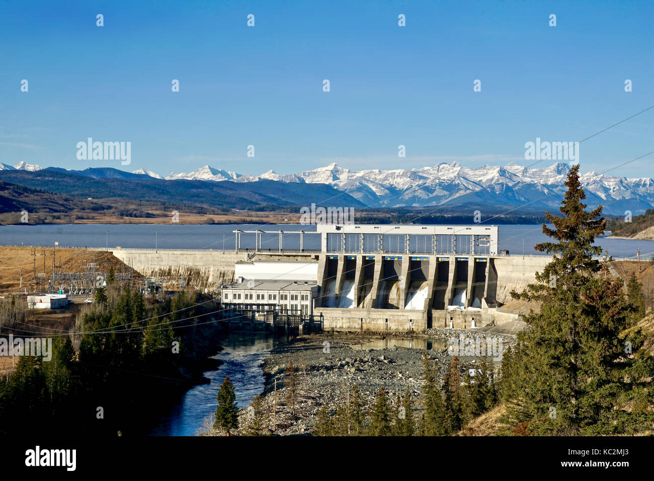 View of Bearspaw dam and the Ghost Reservoir from Glenbow Ranch Stock Photo