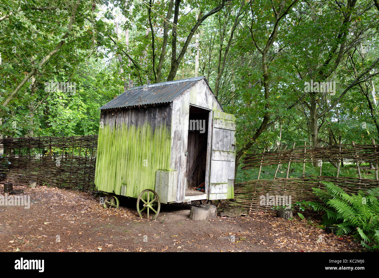 Woodland garden shed on wheels Britain Uk Stock Photo
