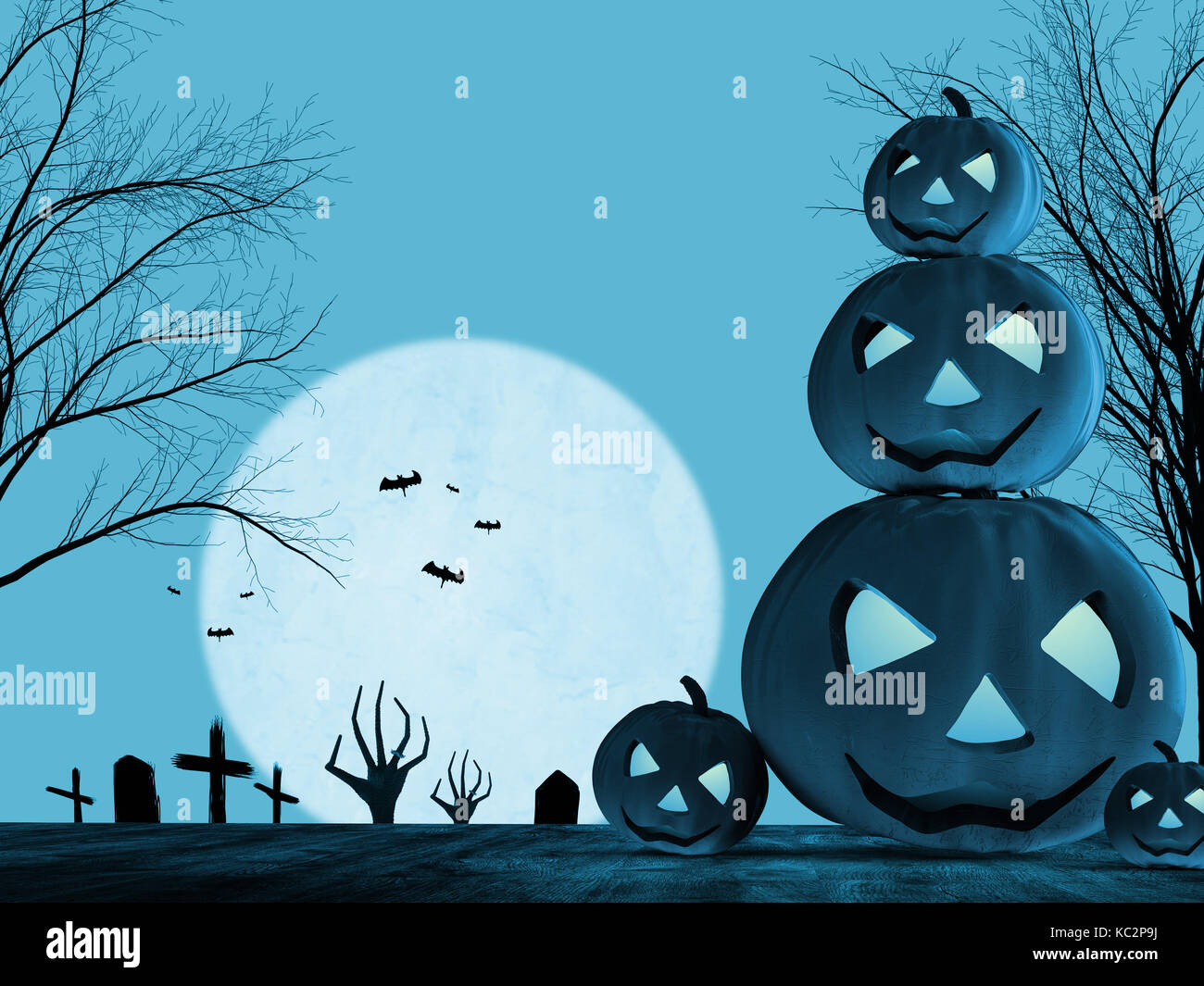 3d rendering halloween pumpkin and zombie hand rising on blue background Stock Photo