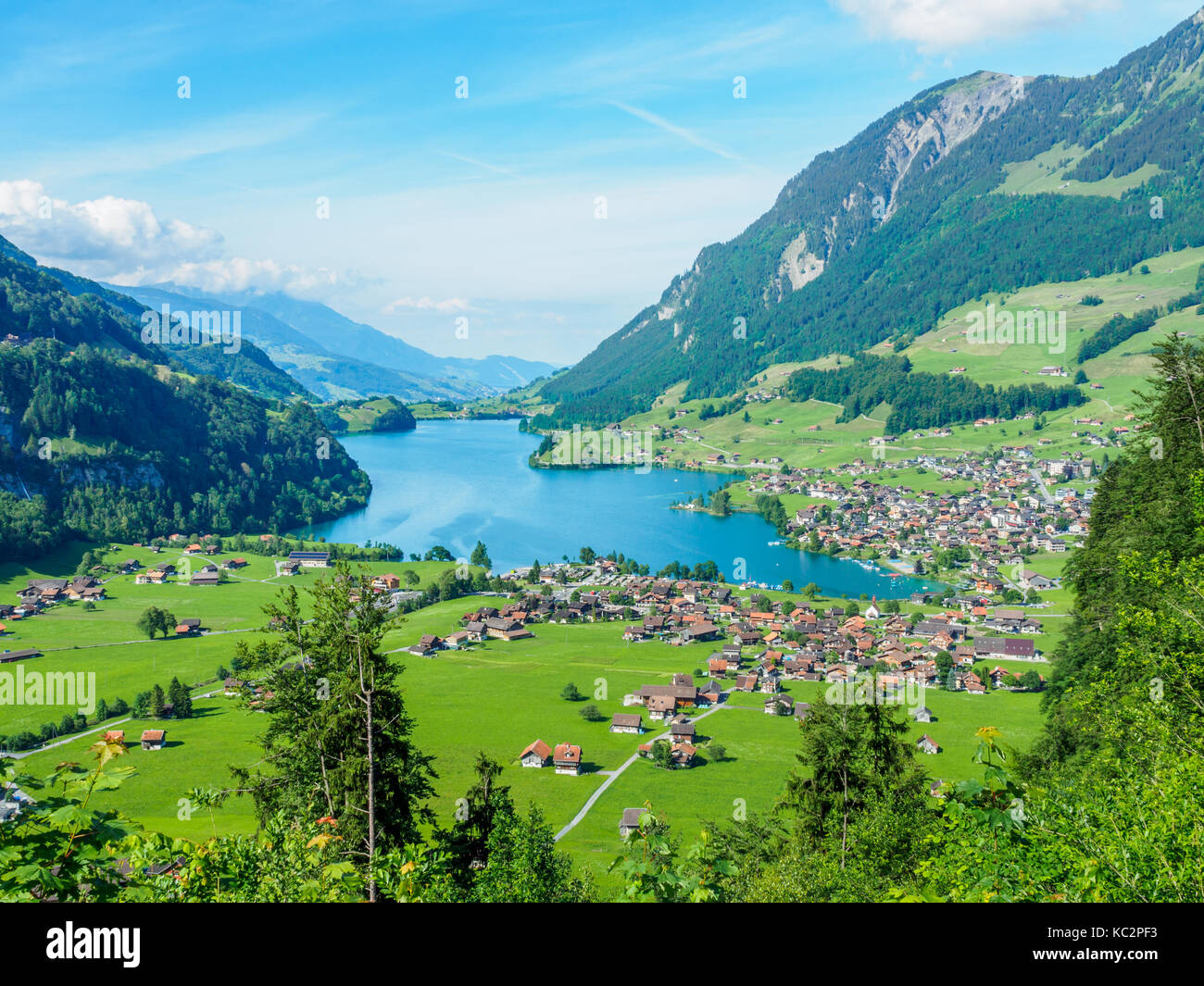 High view point lake Lungern and village from Brunig Pass, Switzerland. Stock Photo