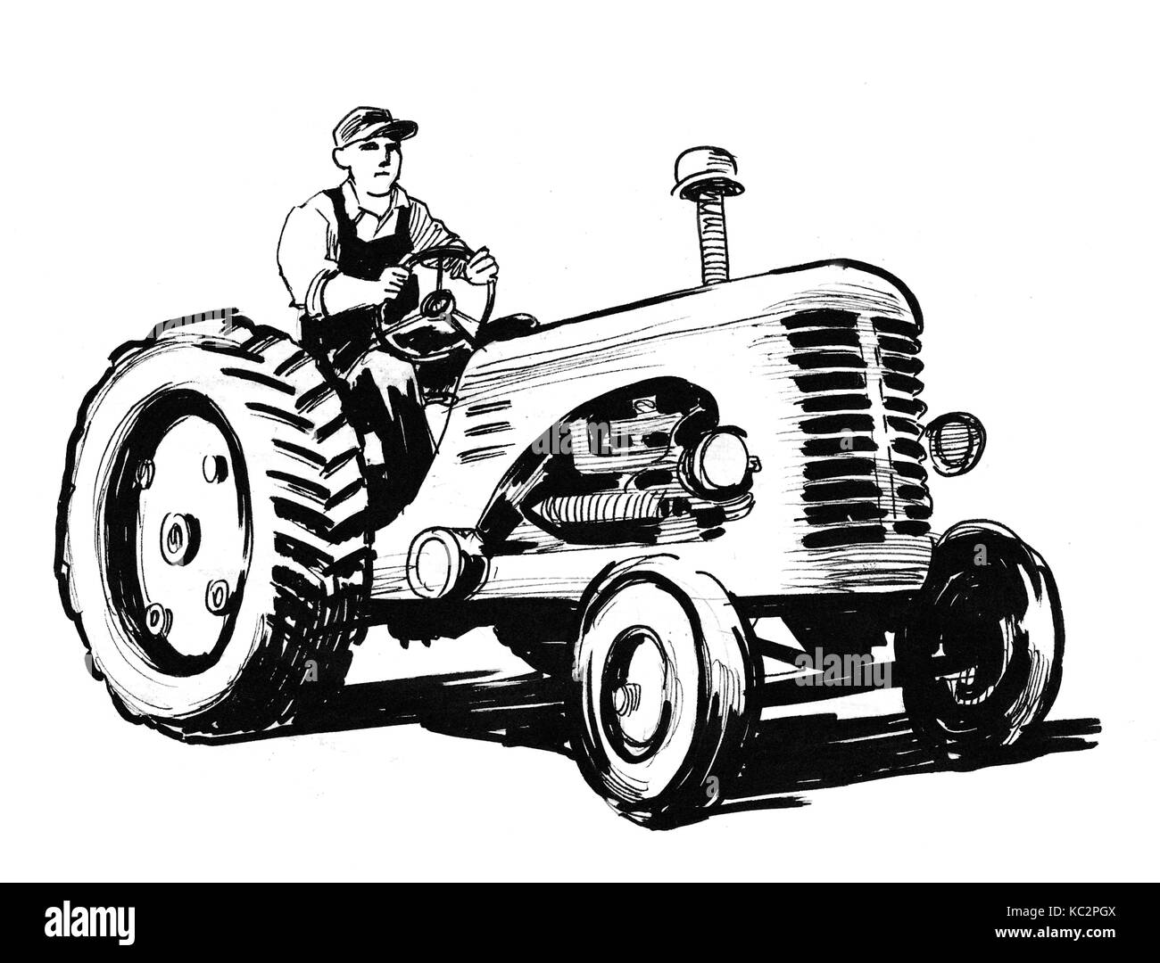 Farmer on retro tractor. Ink black and white illustration Stock Photo