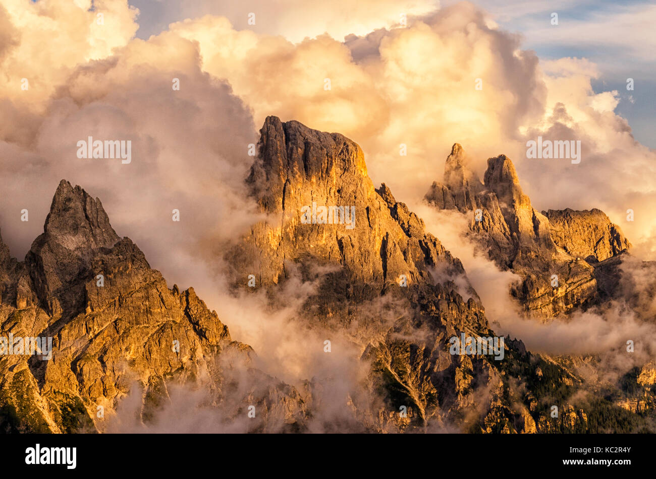 Europe, Italy, Trentino, Rolle pass. Pale di San Martino (Dolomites) views from Cavallazza . Stock Photo