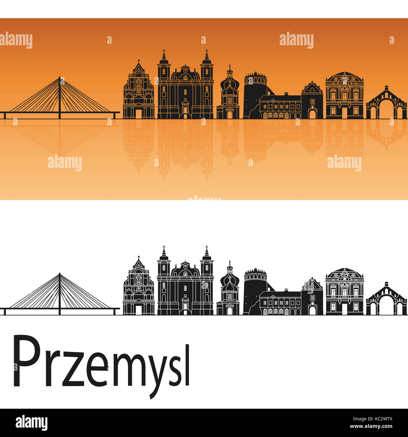 Przemysl skyline in orange background in editable vector file Stock Photo