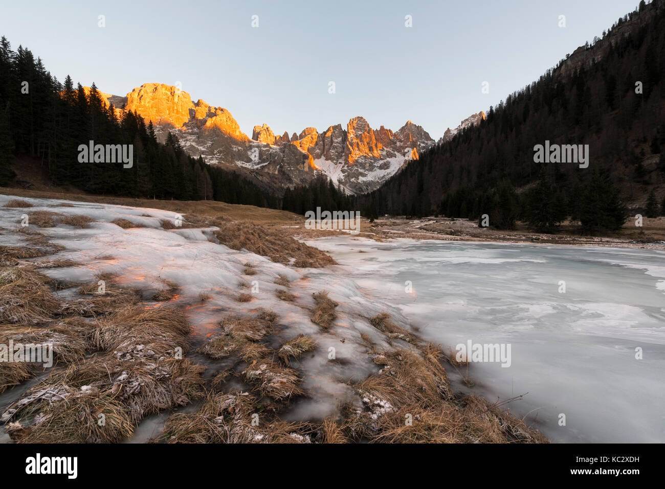 Europe, Italy, Trentino, Val Venegia. Winter sunset in the naturpark of Paneveggio - Pale di San Martino, Dolomites Stock Photo