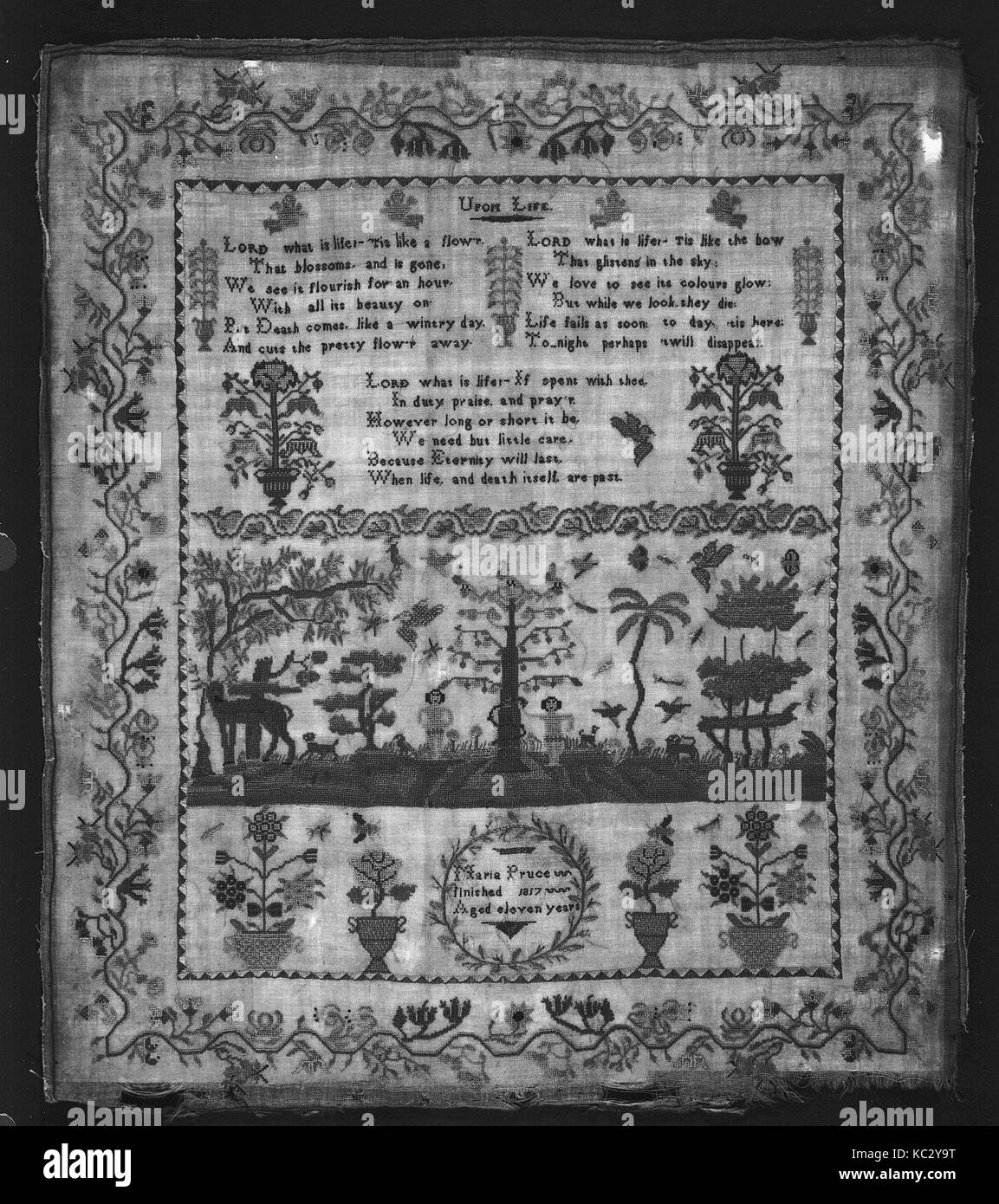 Sampler, 1817, British, Silk on wool canvas, H. 20 1/4 x W. 17 1/2 inches (51.4 x 44.5 cm), Textiles-Embroidered Stock Photo