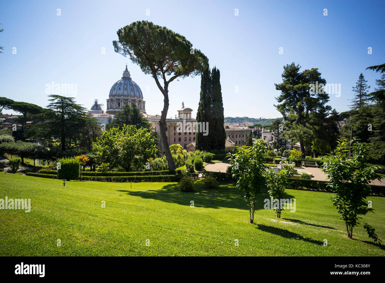 Rome. Italy. View of the dome of St Peter's Basilica and the Vatican Gardens. Giardini Vaticani. Stock Photo