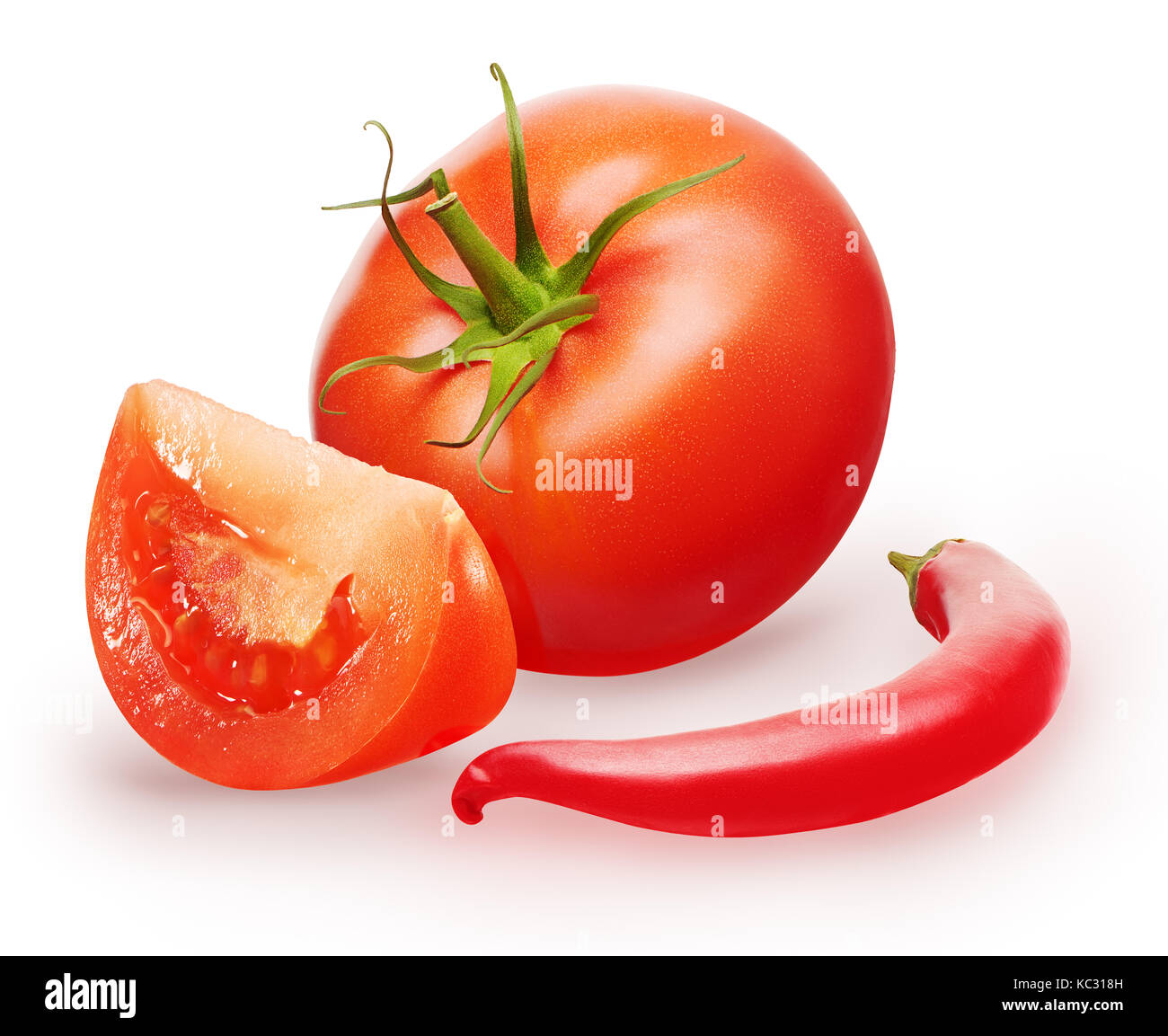 Whole fresh red tomato with green leaf, slice and chili pepper isolated ...