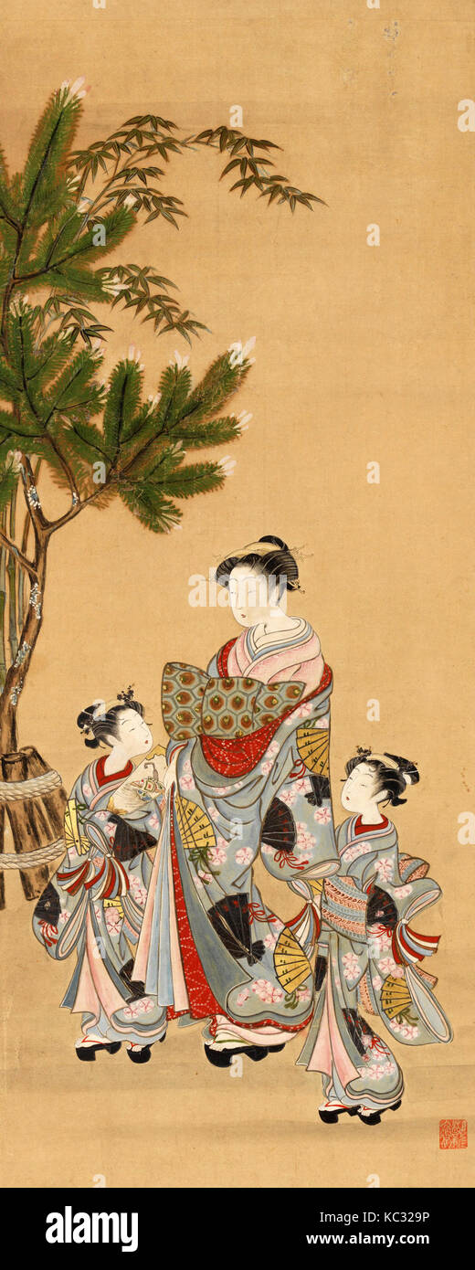 Courtesan And Two Attendants On New Year S Day 花魁と禿の初詣図 Edo Period 1615 1868 Ca 1780s Japan Hanging Scroll Ink Color Stock Photo Alamy
