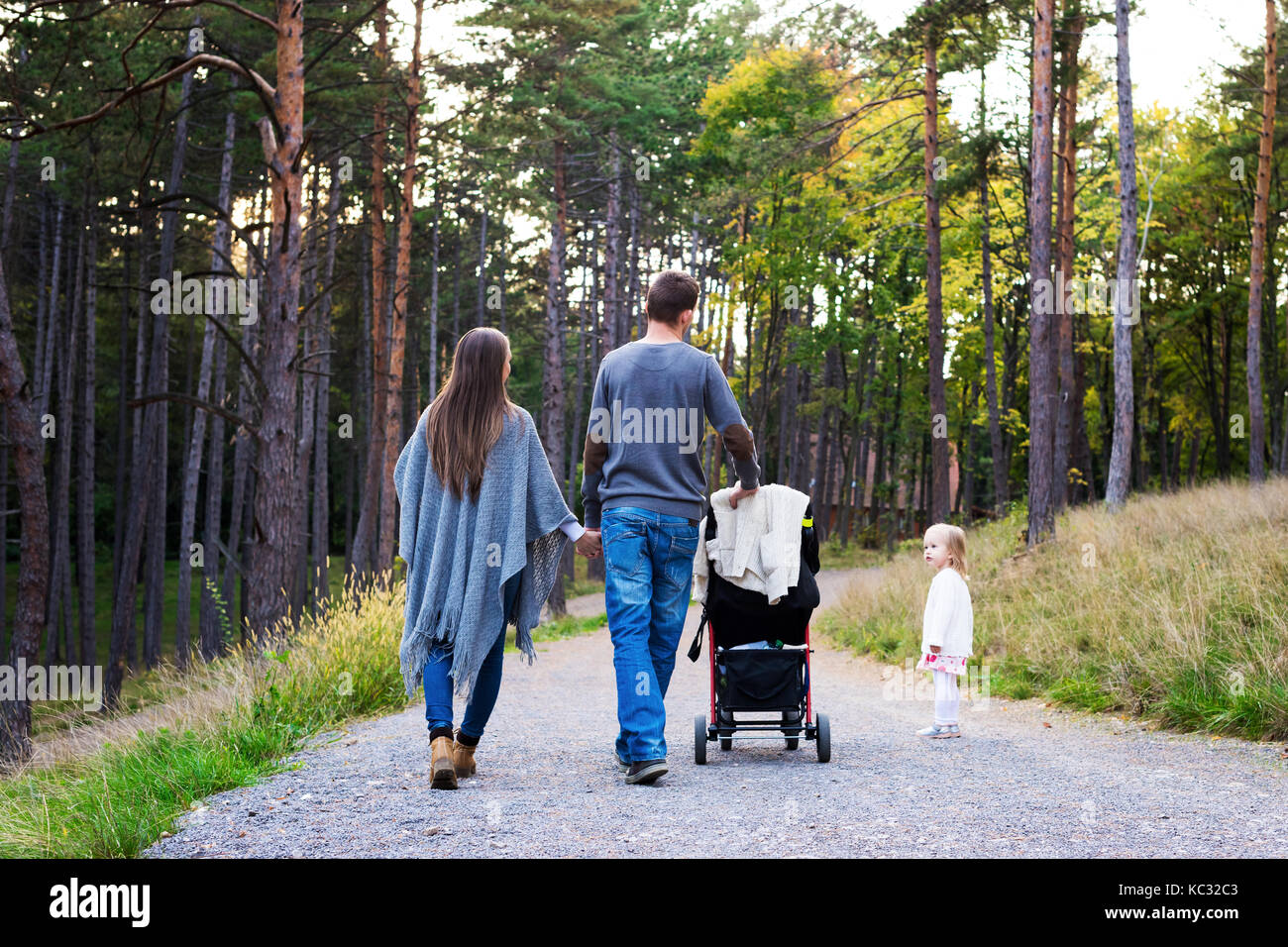 Happy young family taking a walk in a park, back view. Family holding hands walking together along forrest path with their daughter, father pushing th Stock Photo