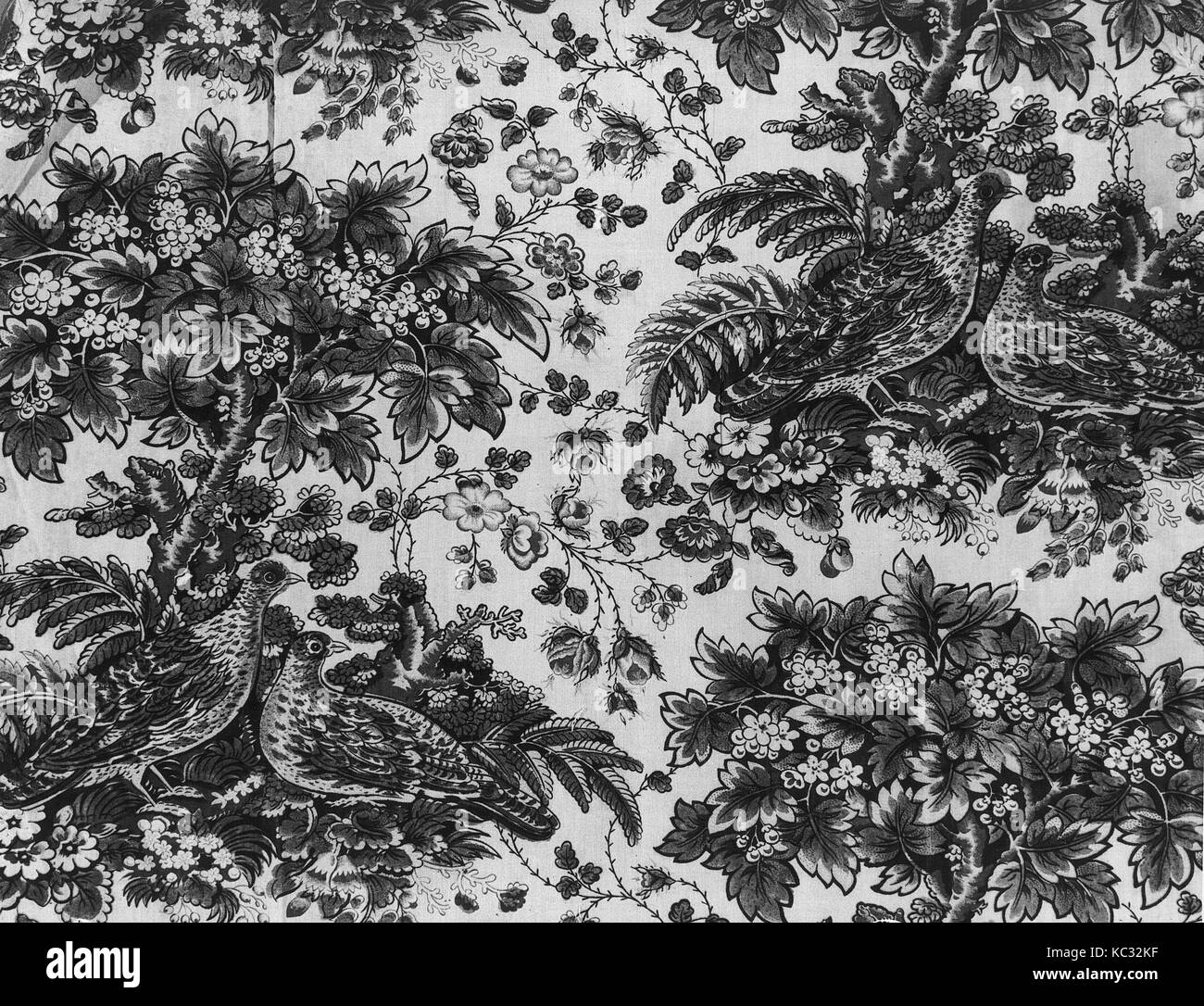 Section of bedskirt printed with game birds, 1830s, British or American, Cotton, L. 24 1/2 x W. 26 inches, Textiles-Printed Stock Photo
