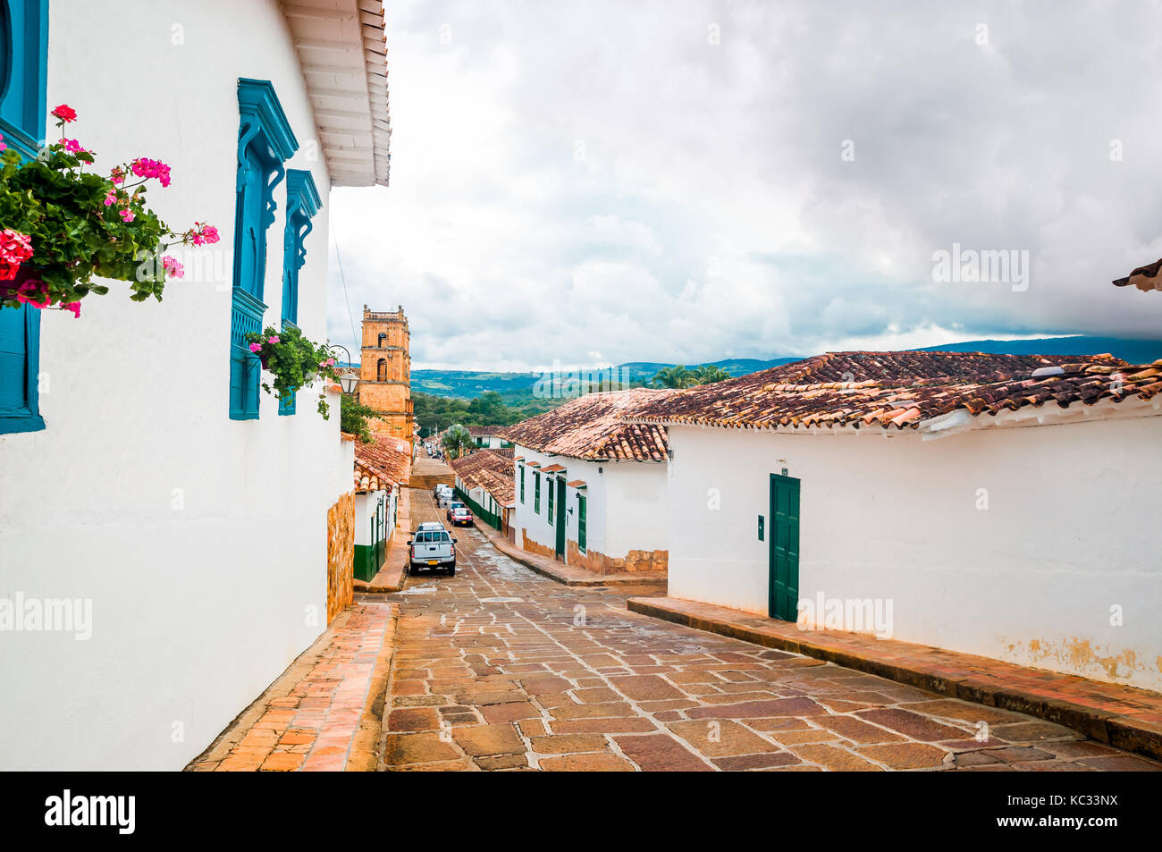 View on colonial buidlings in the streets of Barichara - Colombia Stock ...
