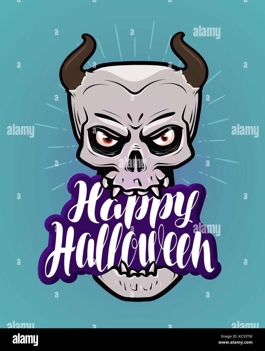 Happy Halloween, greeting card. Monster with horns, devil, demon cartoon. Handwritten lettering, calligraphy vector illustration Stock Vector