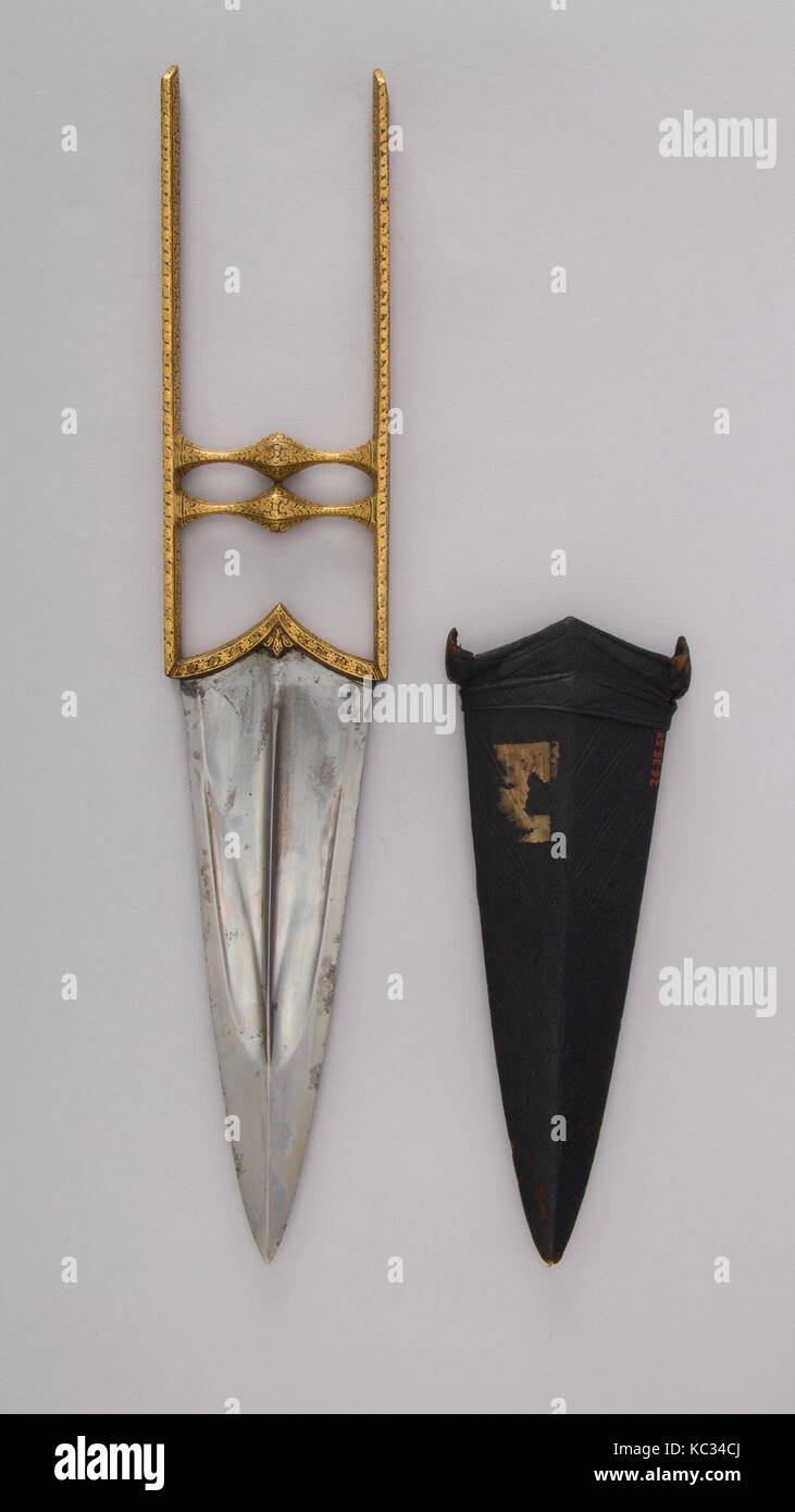 Dagger (Katar) with Sheath, 18th–19th century, Indian, Steel, gold, leather, L. with sheath 16 7/8 in. (42.9 cm Stock Photo