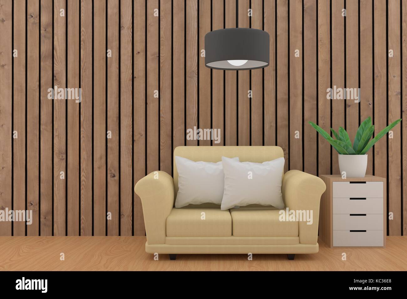 minimalist sofa design with lamp and plant in wood plank room in 3D  rendering Stock Photo - Alamy