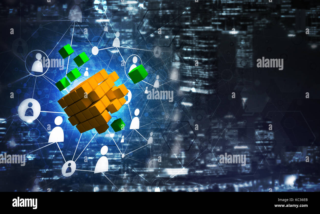 Concept of Internet and networking with digital cube figure on dark ...
