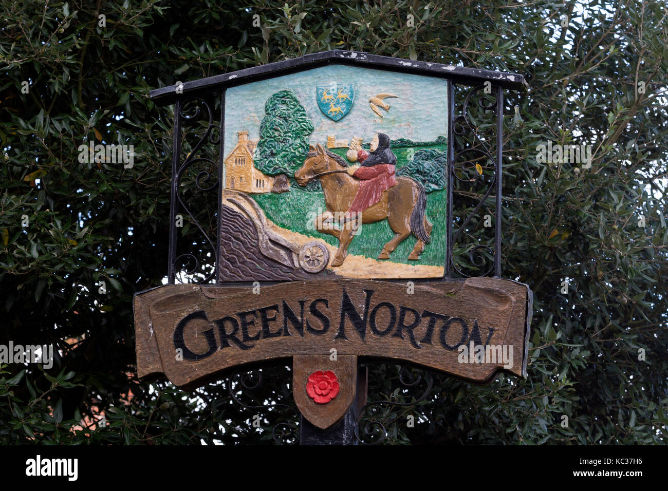 The village sign, Greens Norton, Northamptonshire, England, UK Stock