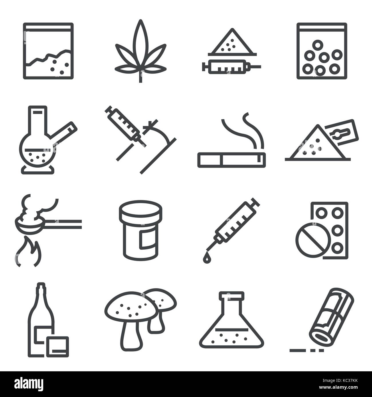 Drugs line icons. Contains such icons as marijuana, cocaine, heroin, LSD extasy Stock Vector