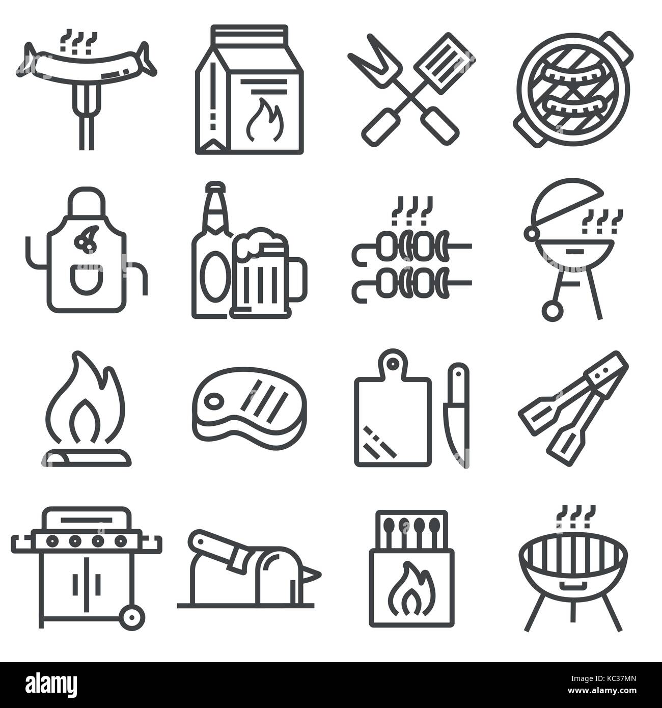 Set of barbecue related vector line icons. Grill, drinks, instruments ...
