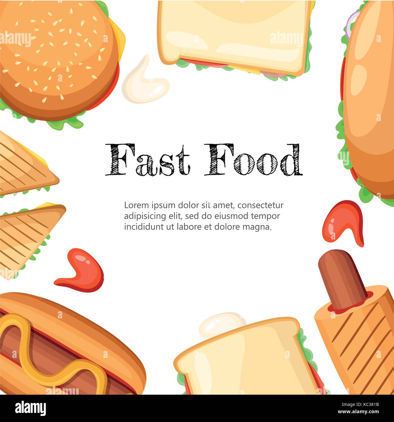 Fastfood restaurant colorful frame black background poster with popcorn  mustard saus hotdogs and ice-cream vector illustration Web site page and  mobil Stock Vector Image & Art - Alamy
