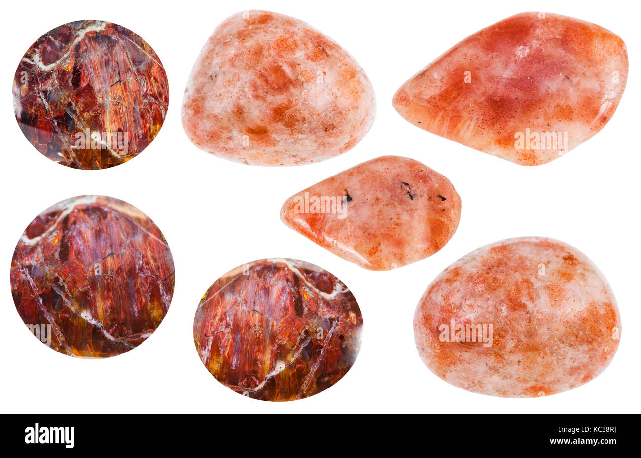 set of various natural mineral polished Andesine (sunstone, heliolite) gemstones isolated on white background Stock Photo