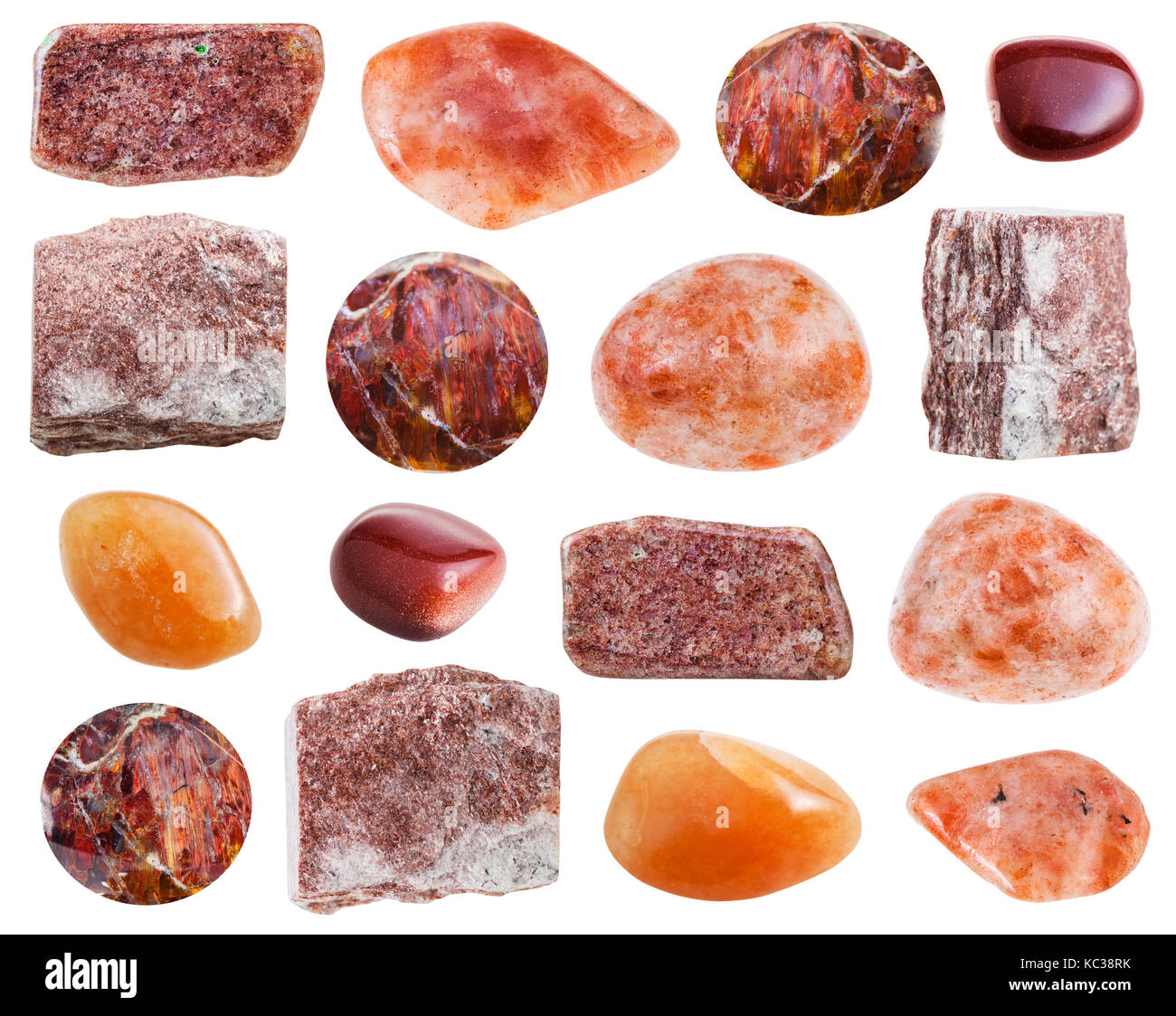 set of various Sunstone gemstones (Andesine, Heliolite, red Aventurine, Goldstone) isolated on white background Stock Photo