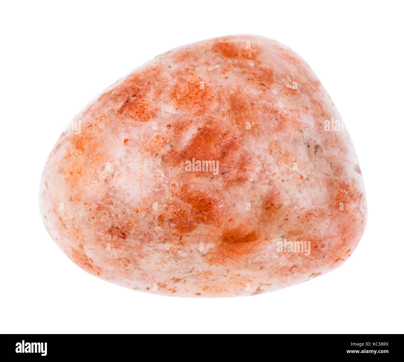 macro shooting of natural mineral stone - tumbled Andesine (sunstone, heliolite) gemstone from USA isolated on white background Stock Photo