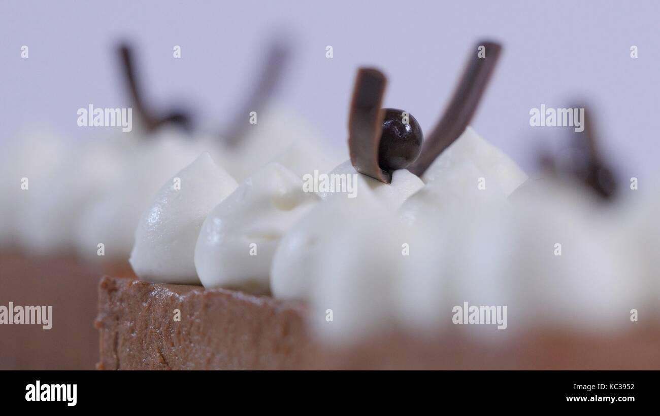A chocolate cakes on white plate with whipping cream. Dessert Chocolate
