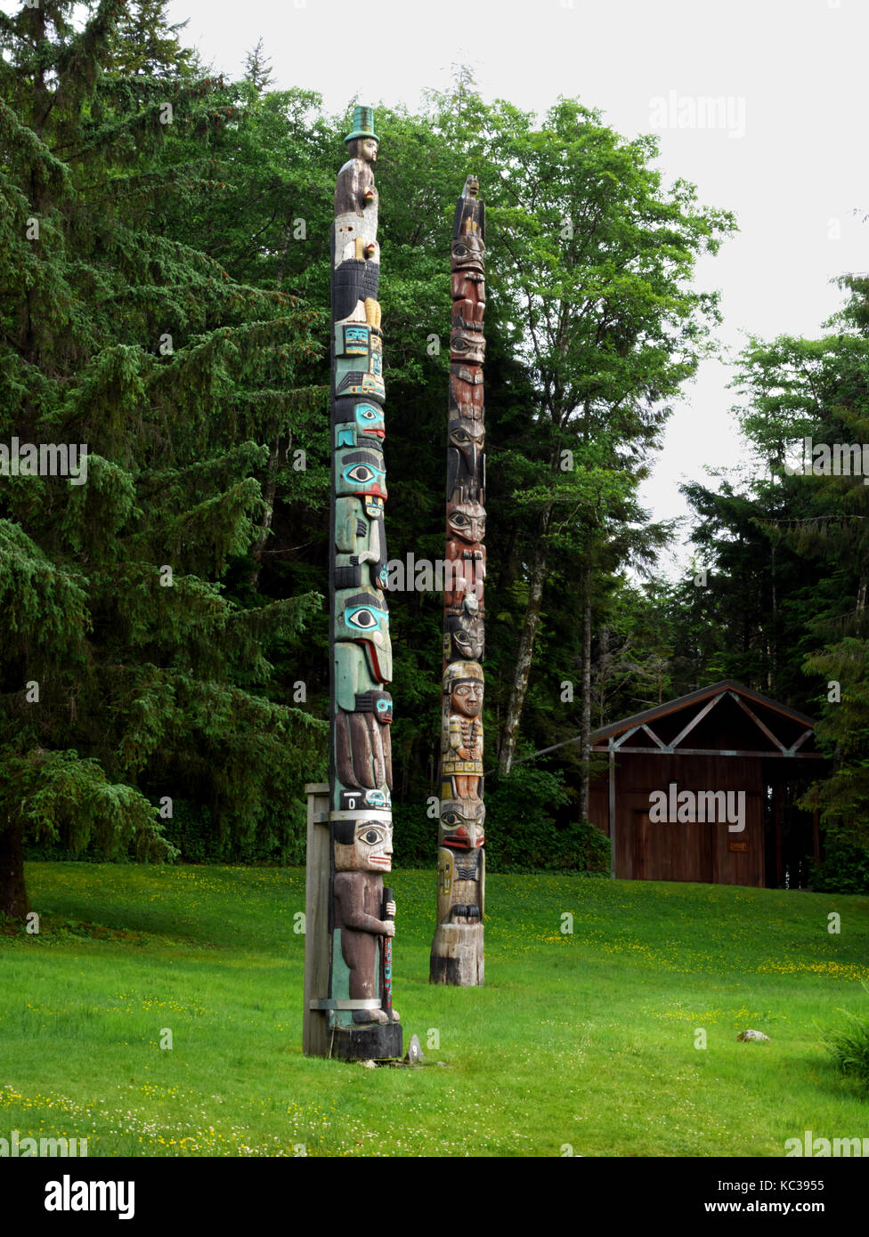 Totem poles, Totem Bight State Historical Park, Ketchikan, Alaska, USA. Stock Photo