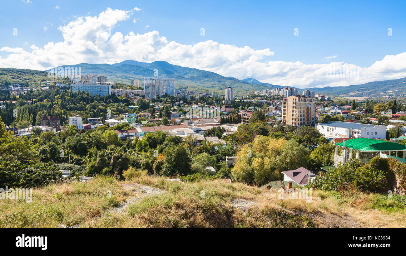 travel to Crimea - panoramic view of Alushta city from Castle Hill Stock Photo