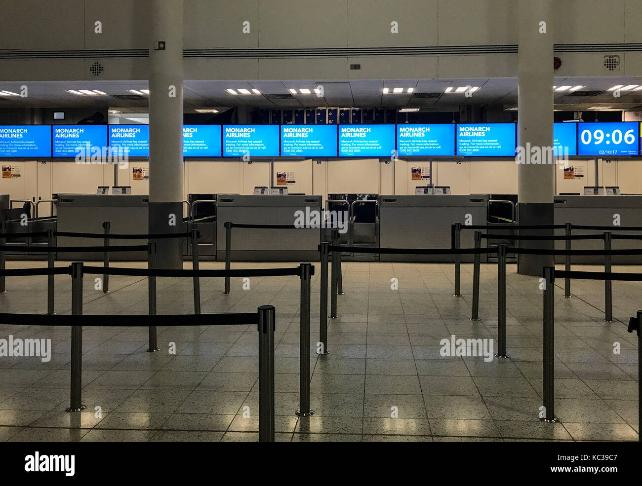 Empty checkin desks at Gatwick Airport after Monarch Airlines
