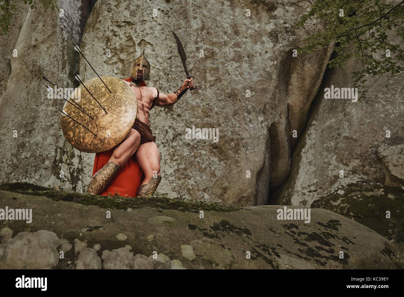Muscular ancient warrior on nature Stock Photo