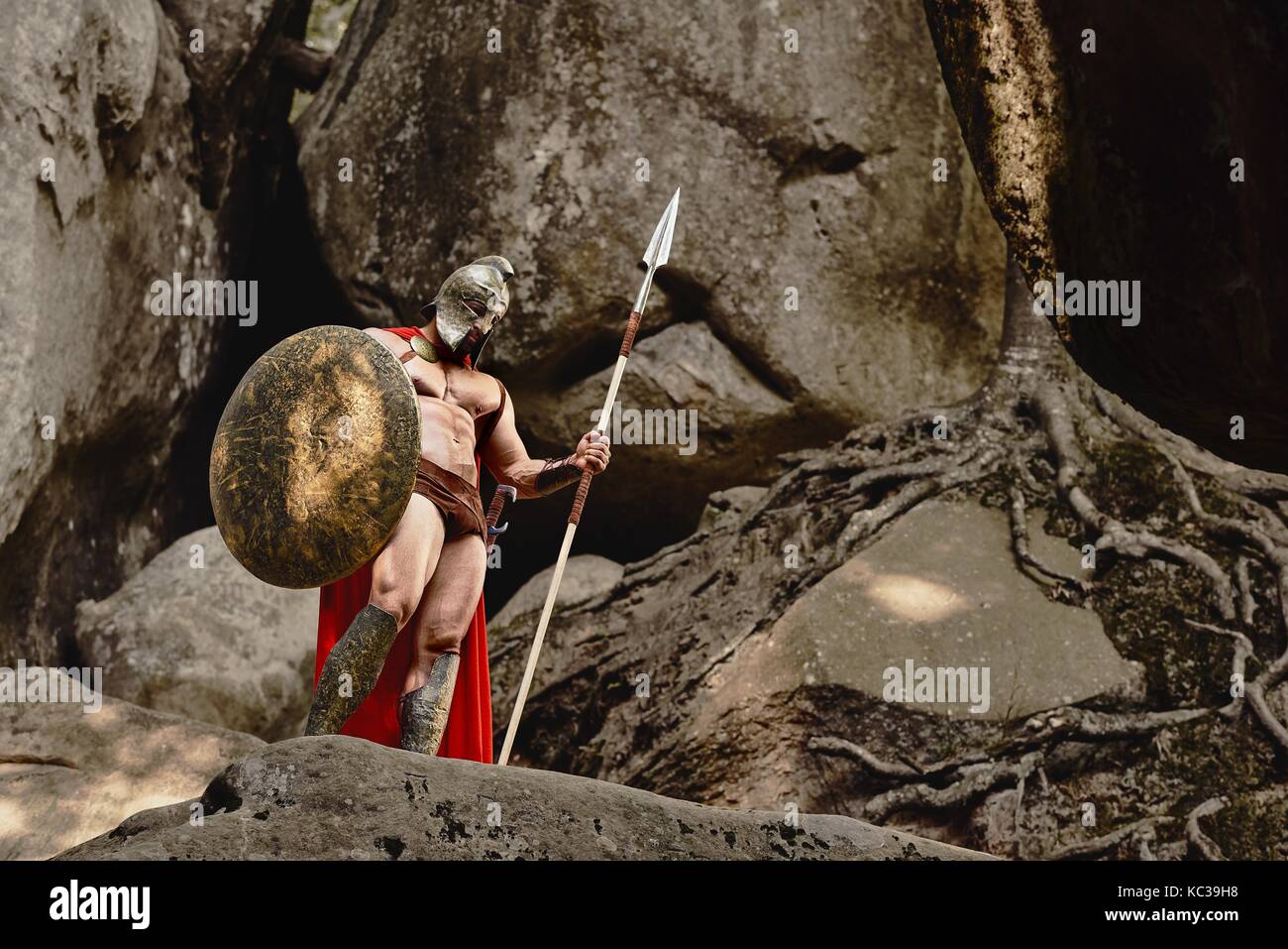 Confident muscular warrior in gladiator outfit Stock Photo