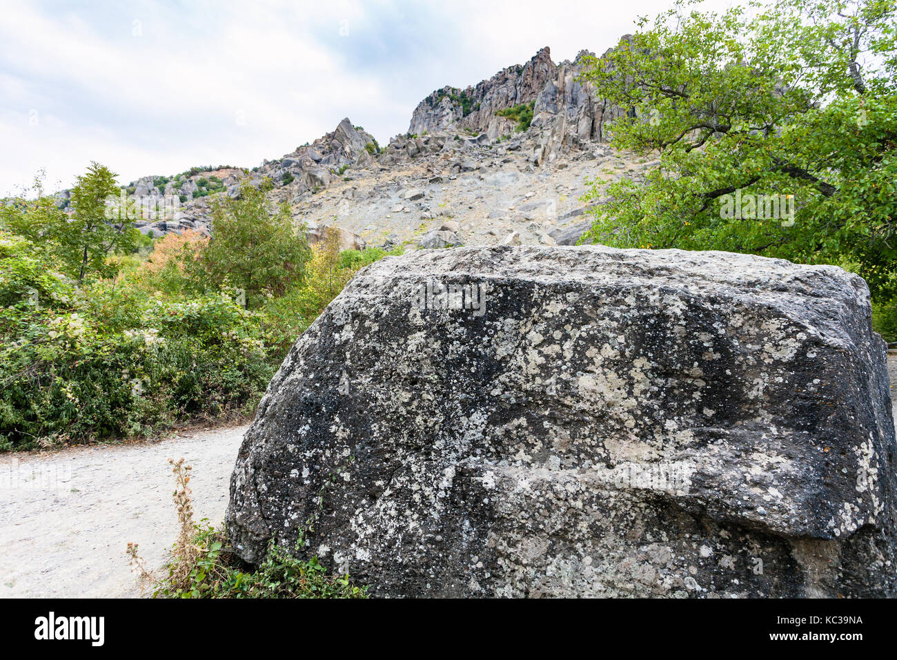travel to Crimea - stone in natural park The Valley of Ghosts at the filming location of popular Soviet comedy film Kidnapping caucasian style (Prison Stock Photo