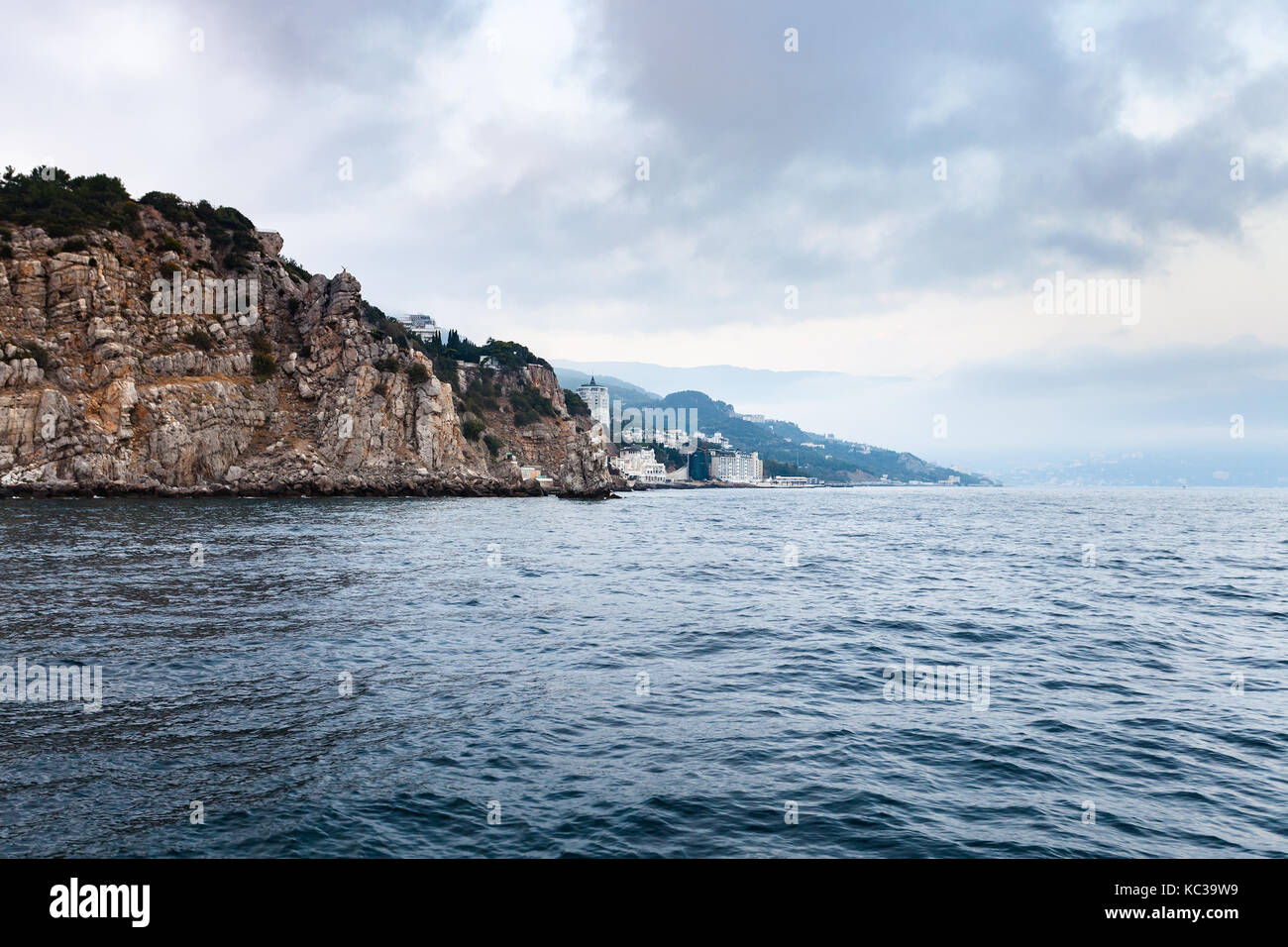 Travel To Crimea View Of Yalta City From Black Sea On Crimean Southern Coast In Evening Stock