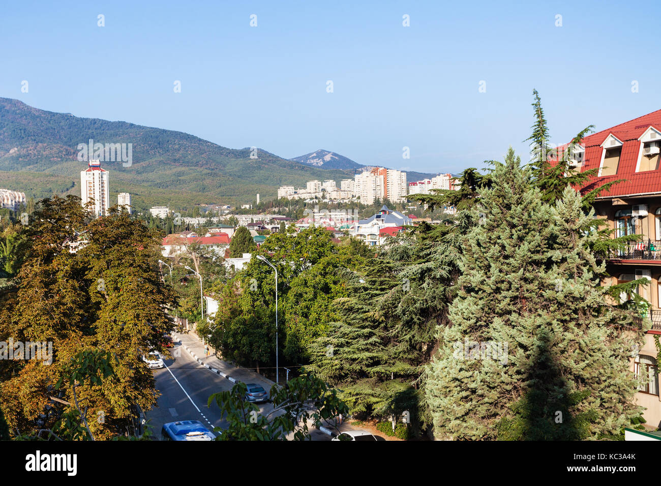 travel to Crimea - view of Baglikov Street in Alushta city in morning Stock Photo
