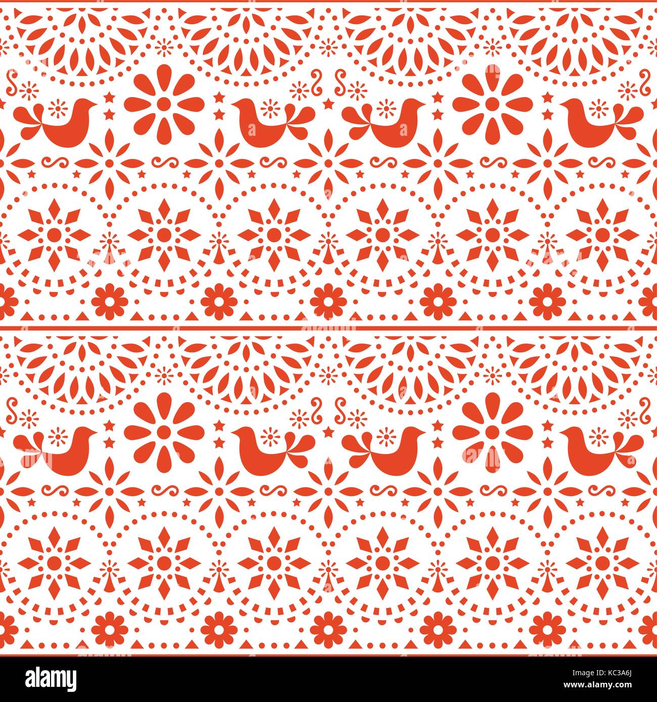 Mexican folk art vector seamless pattern with birds and flowers, red fiesta design inspired by traditional art form Mexico Stock Vector