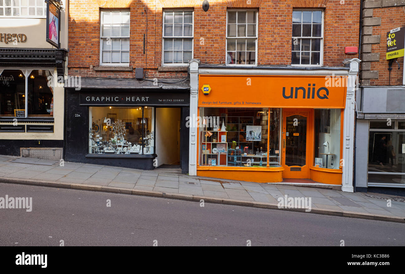 Shops in Shrewsbury, Graphic Heart and Uniiq Stock Photo