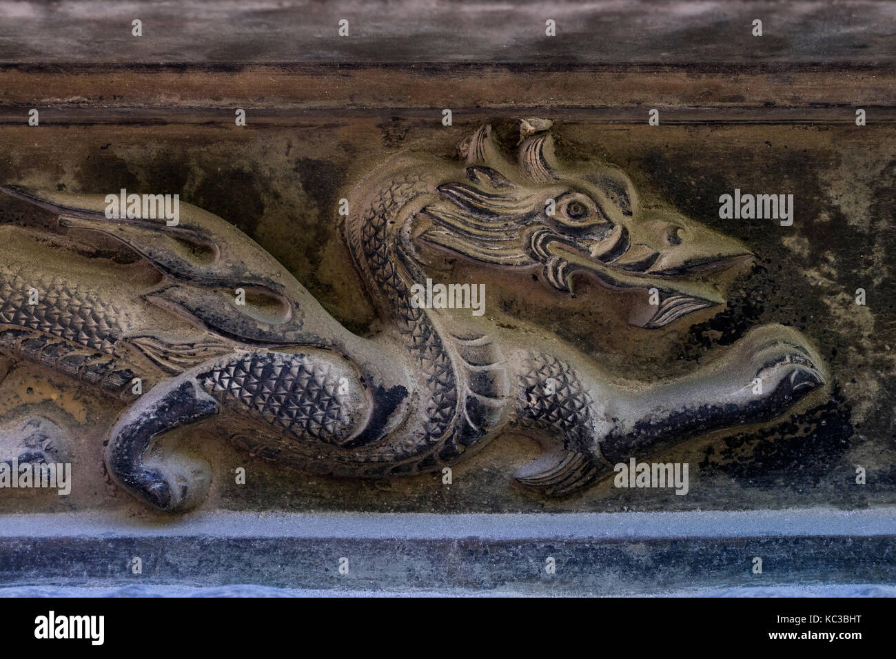 Kyoto, Japan - May 18, 2017: Wood carved dragon in the roof to protect the temple Stock Photo